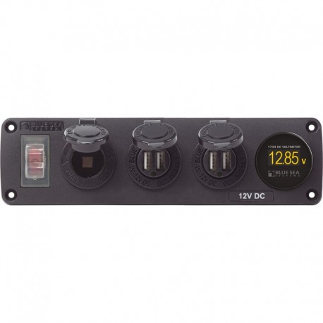 Blue Sea 4368 Water Resistant USB Accessory Panel - 12V Socket, 2x 2.1A Dual USB Chargers, Mini Voltmeter