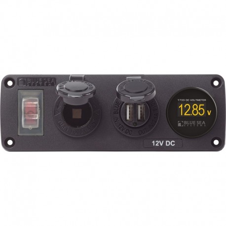 Blue Sea 4366 Water Resistant USB Accessory Panel - Circuit Breaker, 12V Socket, Dual USB Charger, Mini Voltmeter