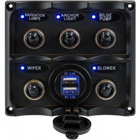 Sea-Dog Water Resistant Toggle Switch Panel w/USB Power Socket - 5 Toggle