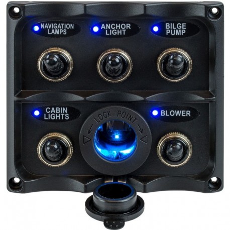 Sea-Dog Water Resistant Toggle Switch Panel w/LED Power Socket - 5 Toggle