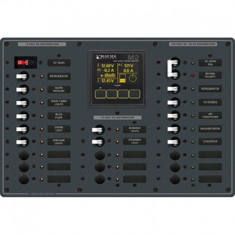 Blue Sea 8413 - Metal AC/DC Panel w/M2 Vessel Systems Monitor & 22 Circuit Breakers (15A)